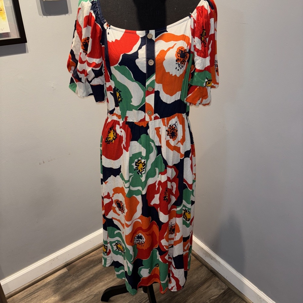 Luxology Kirstie Floral  Puff Sleeves Midi Dress  Smocked Back Colorful Artsy‎